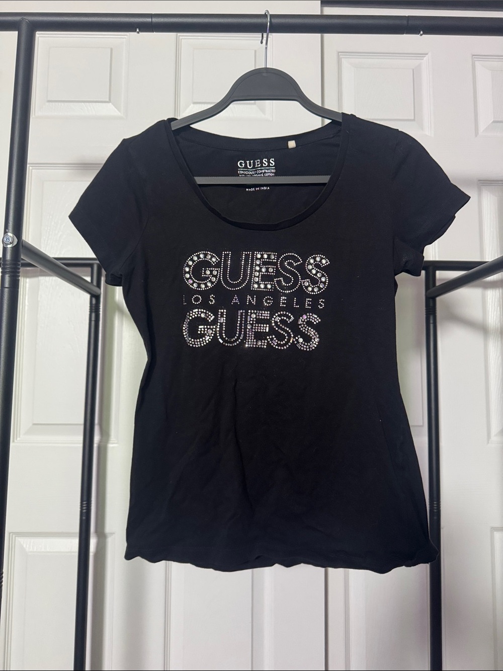 GUESS Black Rhinestone Logo Short Sleeve Scoop Tee
